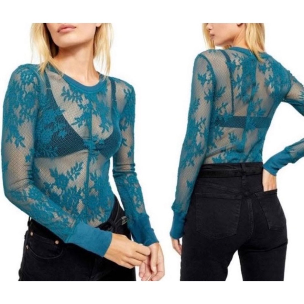 Free People Blue Lace Knit Top